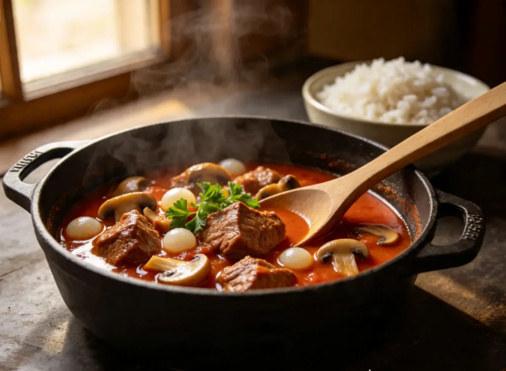 Veau marengo, plat mijoté de viande allégé aux champignons et à la tomate