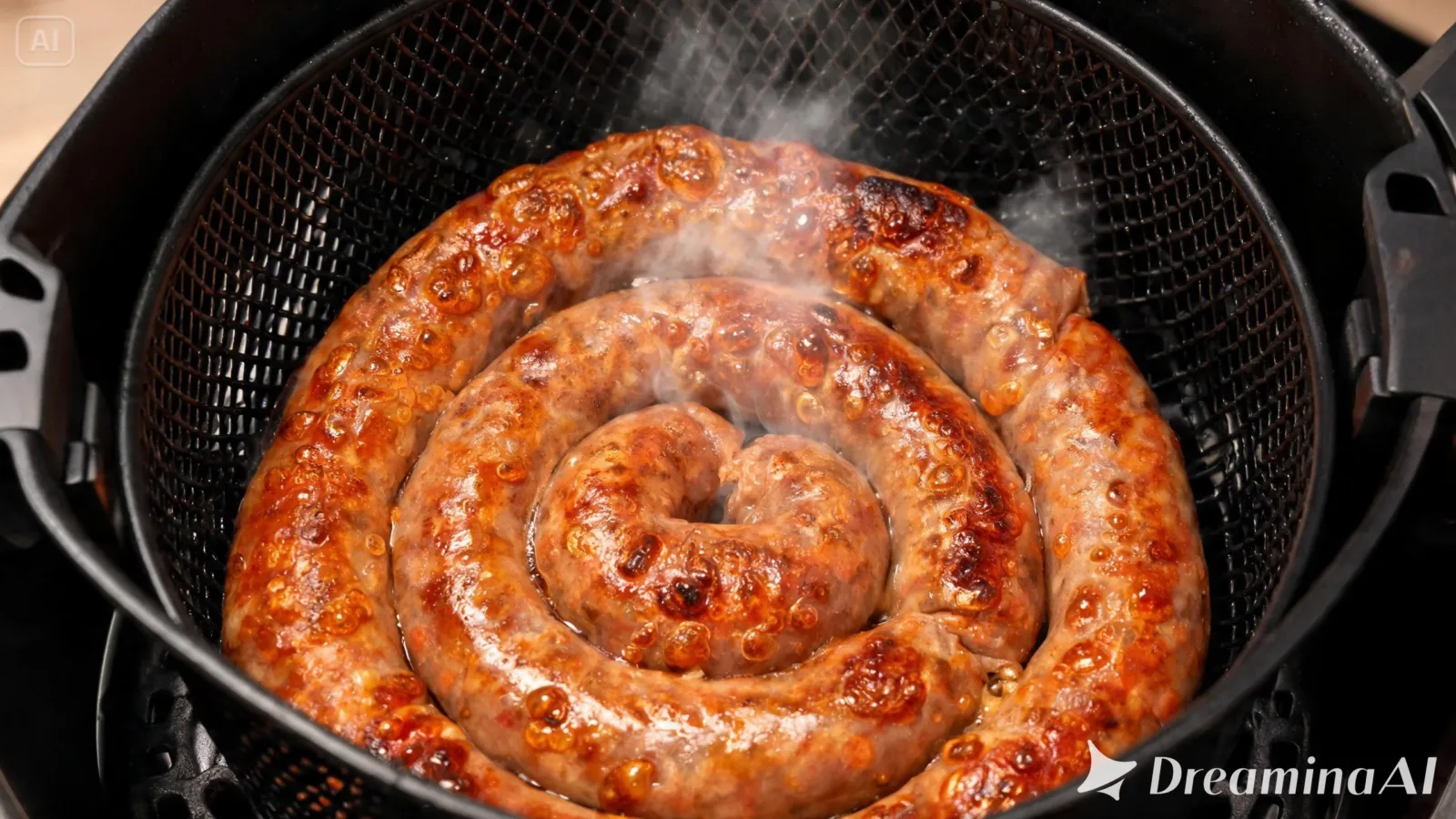 saucisse de toulouse airfryer : saucisse de Toulouse dorée dans le panier d'un air fryer