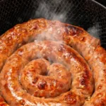 saucisse de toulouse airfryer : saucisse de Toulouse dorée dans le panier d'un air fryer