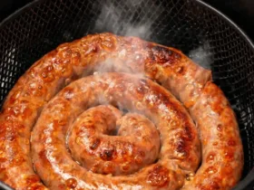 saucisse de toulouse airfryer : saucisse de Toulouse dorée dans le panier d'un air fryer