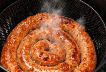 saucisse de toulouse airfryer : saucisse de Toulouse dorée dans le panier d'un air fryer