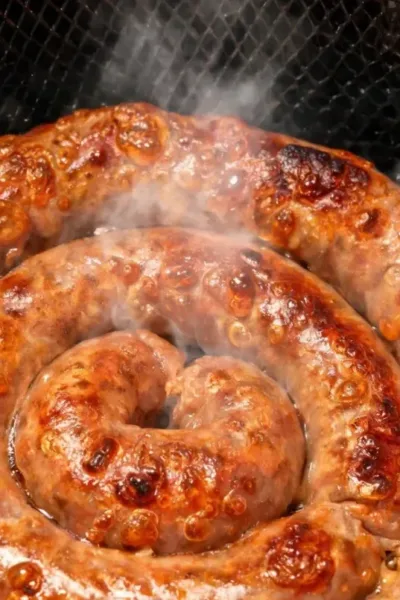 saucisse de toulouse airfryer : saucisse de Toulouse dorée dans le panier d'un air fryer
