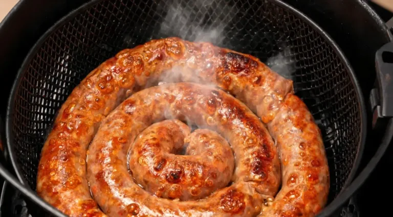 saucisse de toulouse airfryer : saucisse de Toulouse dorée dans le panier d'un air fryer