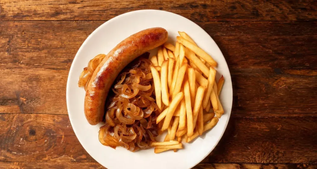 assiette de saucisse de Toulouse à l'air fryer avec frites et oignons
