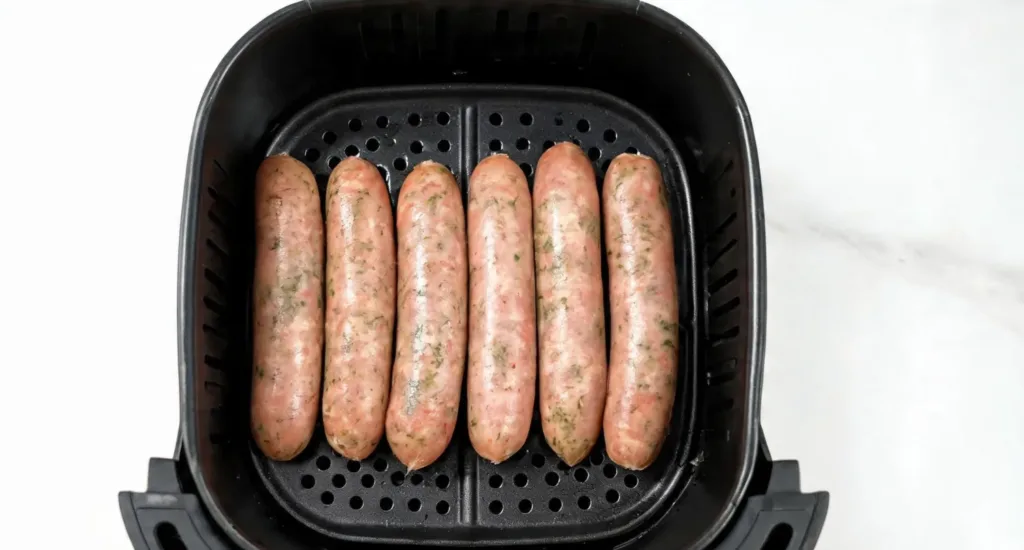 saucisse de toulouse airfryer : saucisses de Toulouse en une seule couche dans la cuve de l'air fryer