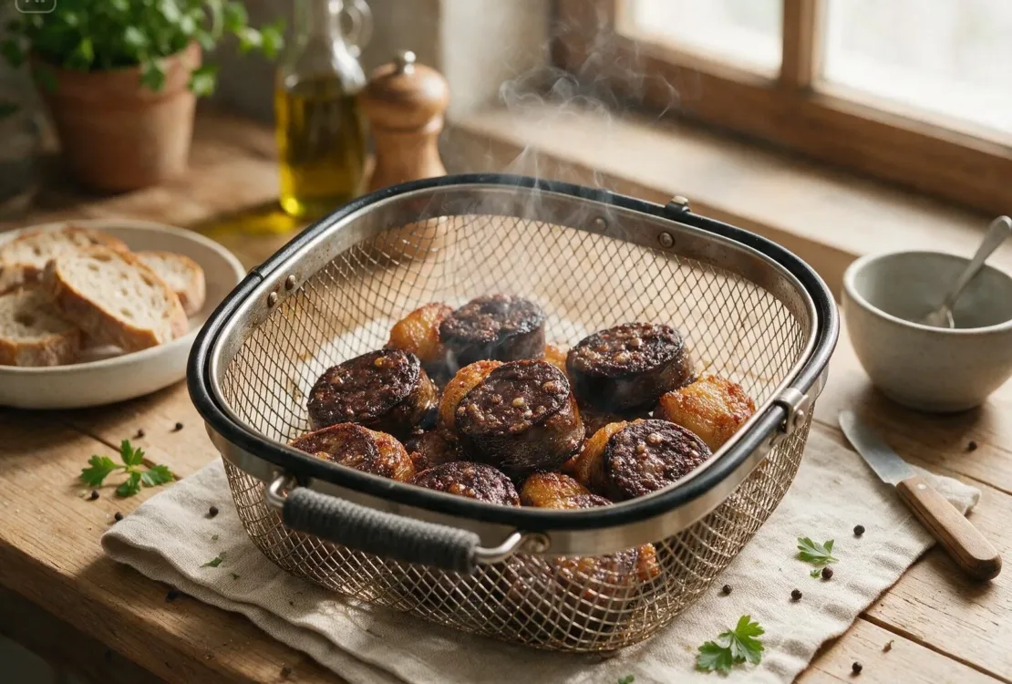 Tranches de boudin noir airfryer croustillantes et dorées dans le panier