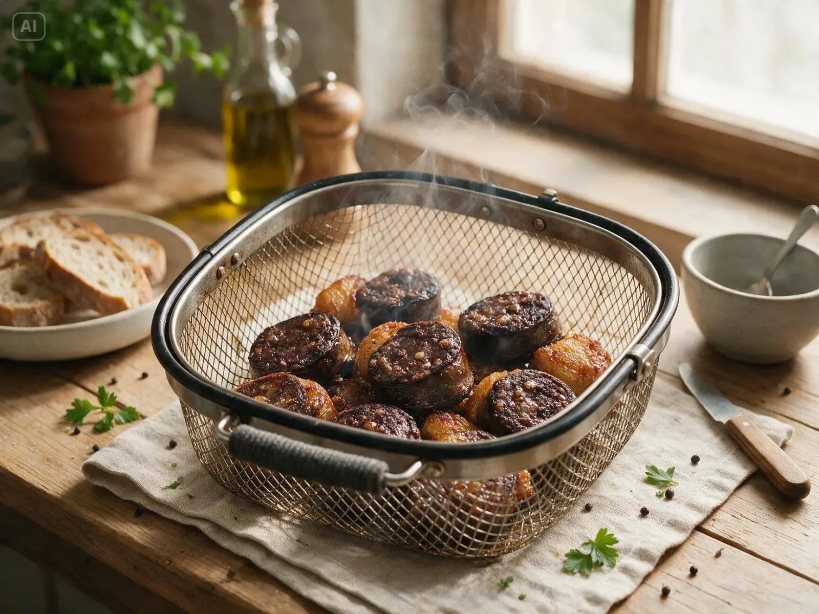 Tranches de boudin noir airfryer croustillantes et dorées dans le panier