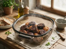Tranches de boudin noir airfryer croustillantes et dorées dans le panier
