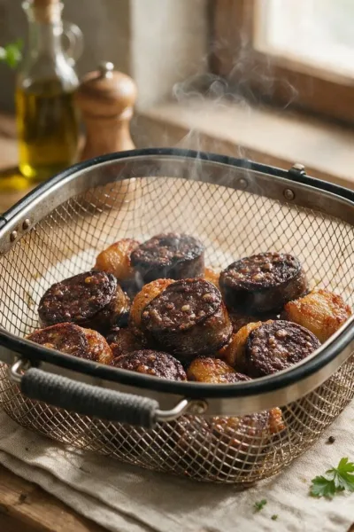 Tranches de boudin noir airfryer croustillantes et dorées dans le panier
