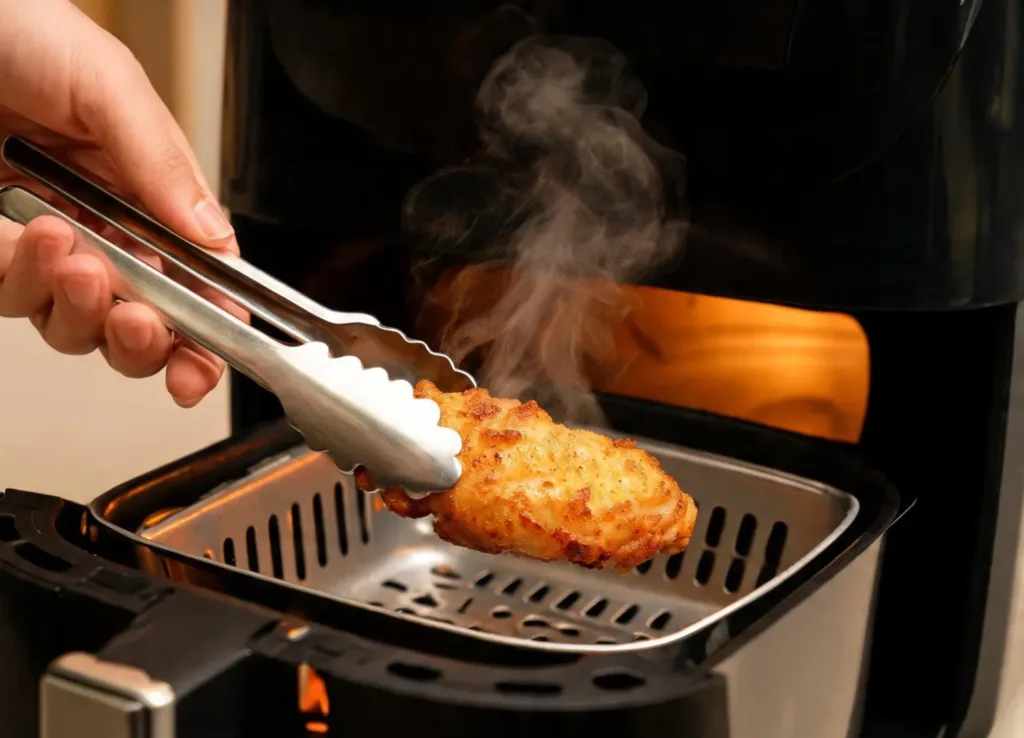 aiguillette de poulet airfryer : Main retournant une aiguillette de poulet à la pince au milieu de la cuisson