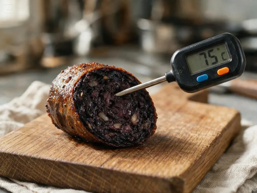 Contrôle de la température à cœur d'un boudin noir airfryer avec une sonde
