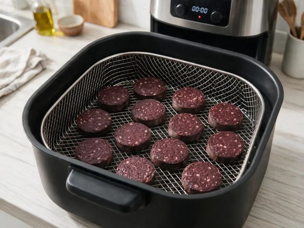 Boudin noir disposé en une seule couche dans le panier de la friteuse à air