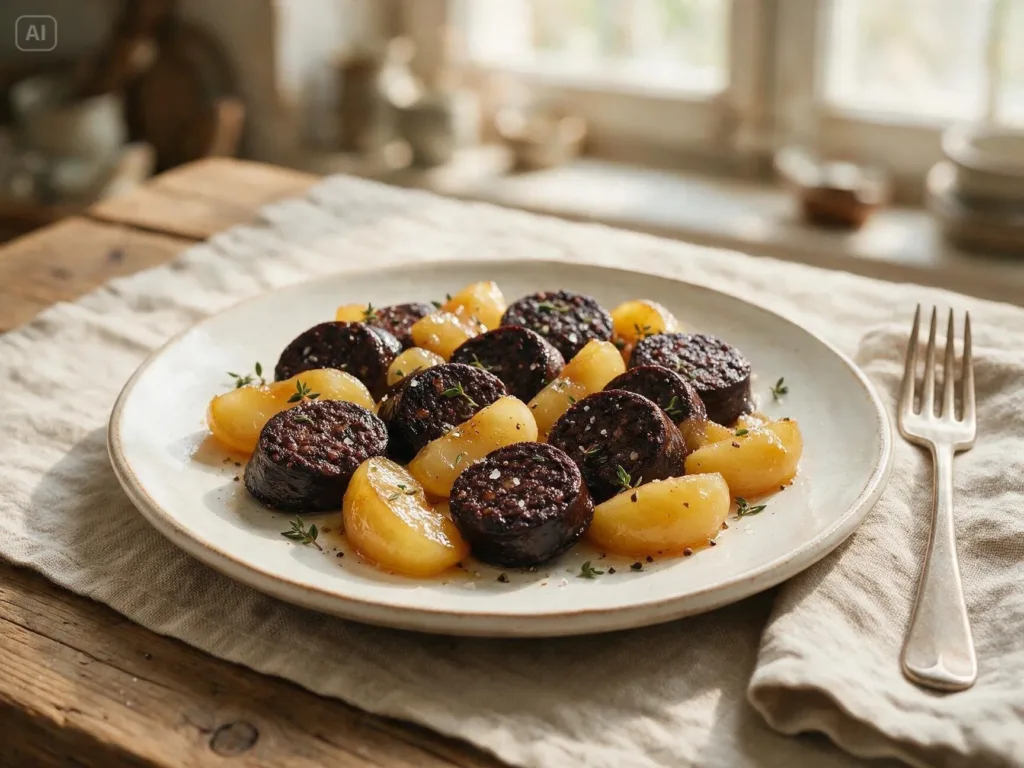 Assiette de boudin noir et pommes fondantes prête à servir