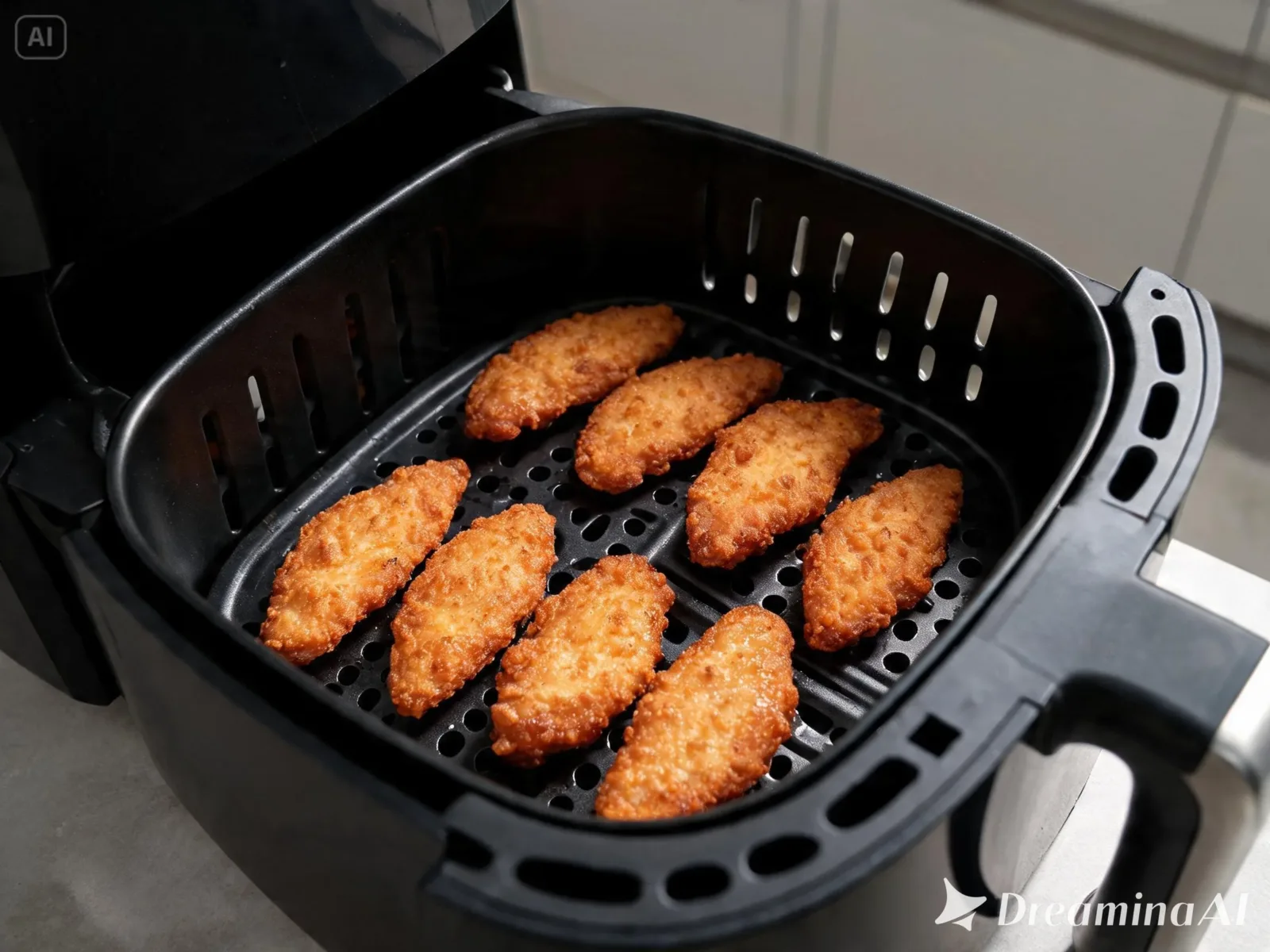 Aiguillettes de poulet airfryer dorées disposées en une seule couche dans le panier