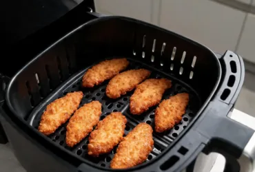 Aiguillettes de poulet airfryer dorées disposées en une seule couche dans le panier