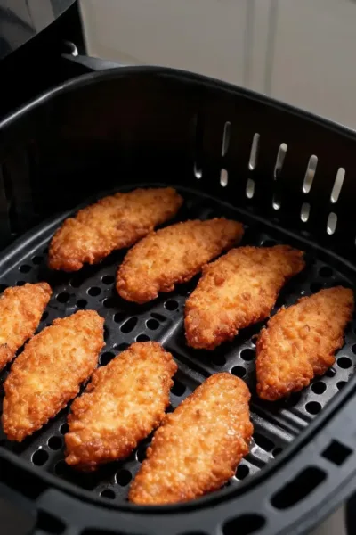 Aiguillettes de poulet airfryer dorées disposées en une seule couche dans le panier