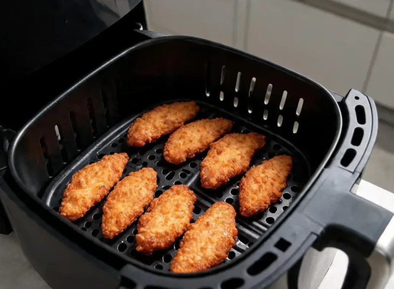 Aiguillettes de poulet airfryer dorées disposées en une seule couche dans le panier