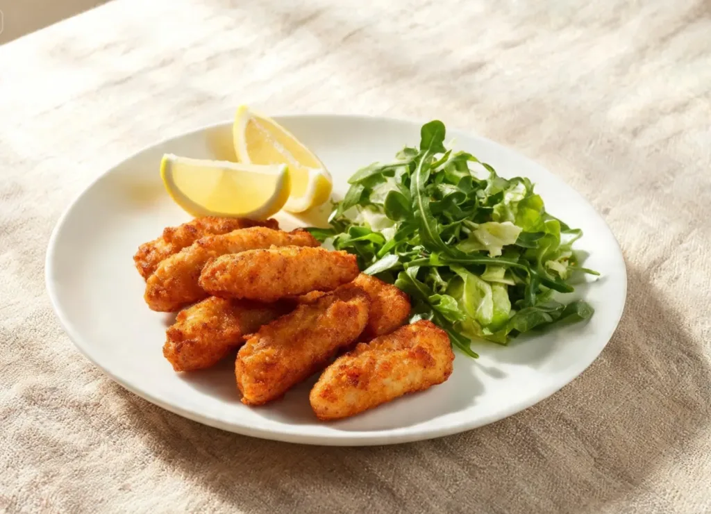 Aiguillettes de poulet servies en assiette avec quartiers de citron et salade verte