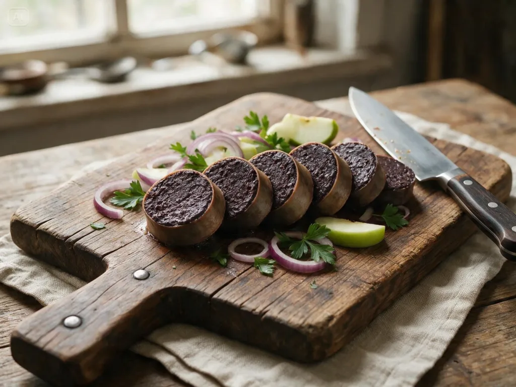 Tranches de boudin noir crues de deux centimètres sur une planche en bois