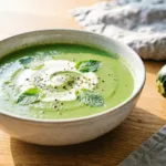 Velouté de courgettes Thermomix vert vif dans un bol en grès, menthe et poivre