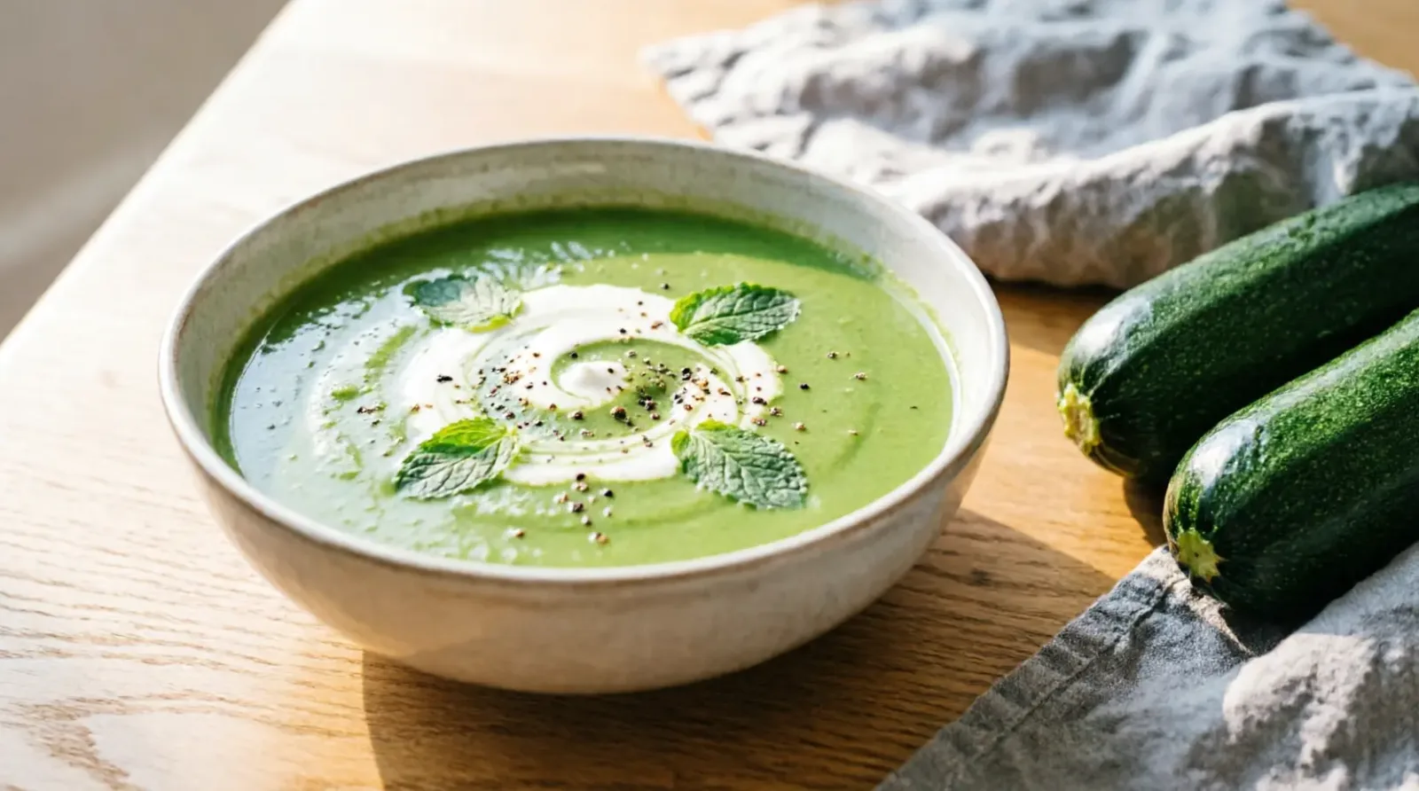 Velouté de courgettes Thermomix vert vif dans un bol en grès, menthe et poivre