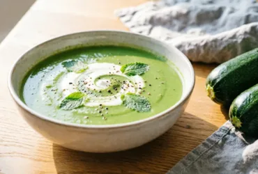 Velouté de courgettes Thermomix vert vif dans un bol en grès, menthe et poivre