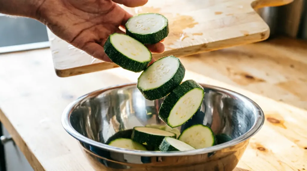 Bol de velouté vert vu de dessus, fromage frais fondant au centre