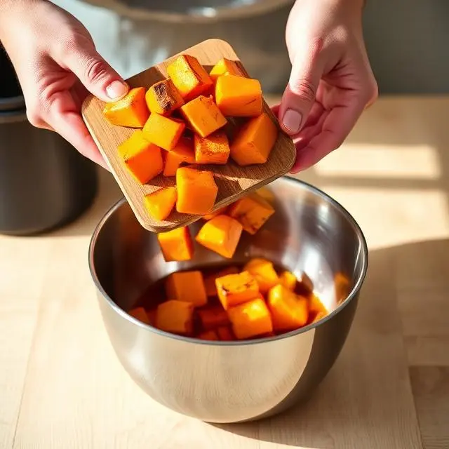 soupe potimarron thermomix : Cubes de courge non pelés versés dans le bol en inox