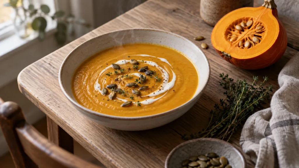 Soupe au Thermomix : Velouté de potimarron onctueux dans un bol en céramique, sur une table en bois clair