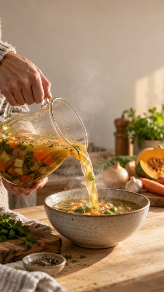 Soupe chaude versée dans un bol, préparation maison