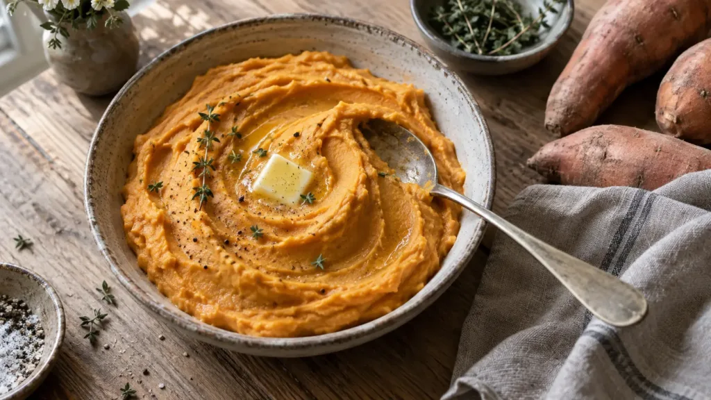 Purée Thermomix : Purée de patate douce onctueuse dans un plat en grès, beurre fondant sur le dessus