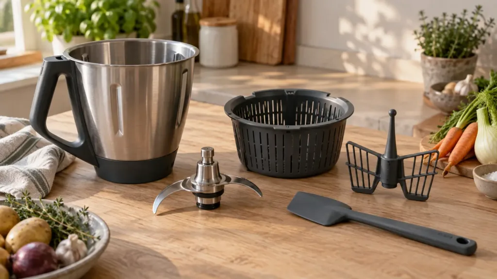 Bol inox, panier vapeur, fouet et spatule posés sur un plan de travail en bois clair