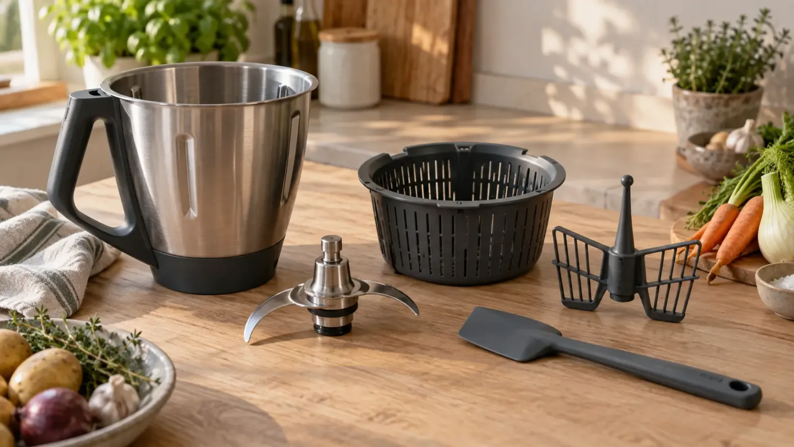 Bol inox, panier vapeur, fouet et spatule posés sur un plan de travail en bois clair