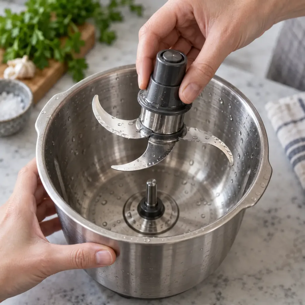 Mains retirant le bloc de couteaux du bol inox pour le nettoyer