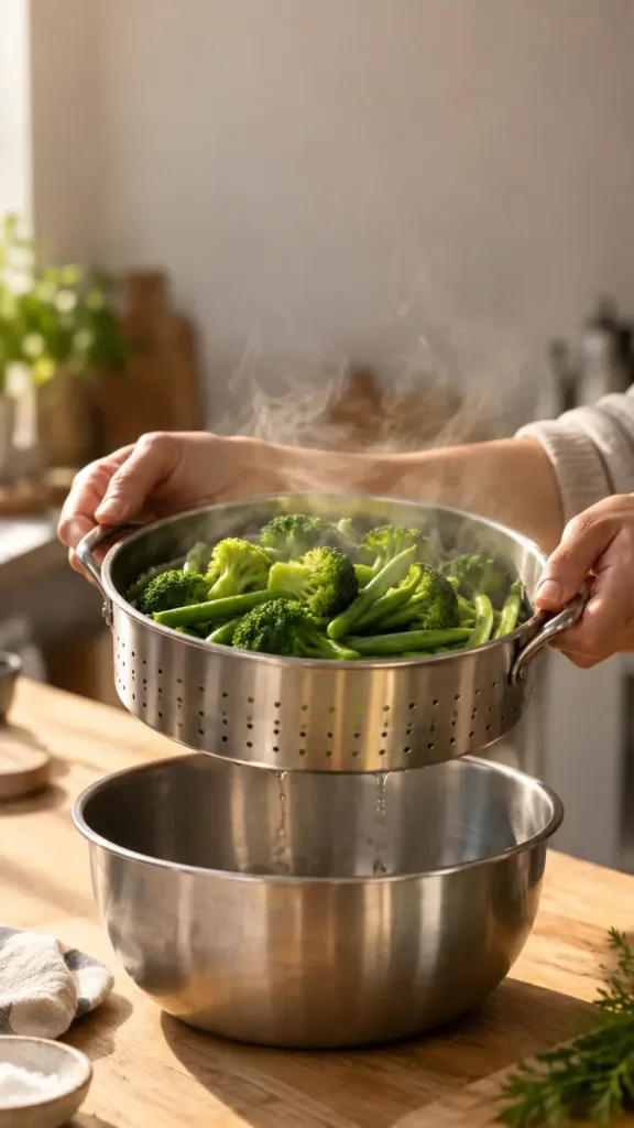 Panier vapeur rempli de légumes soulevé au-dessus du bol, vapeur visible