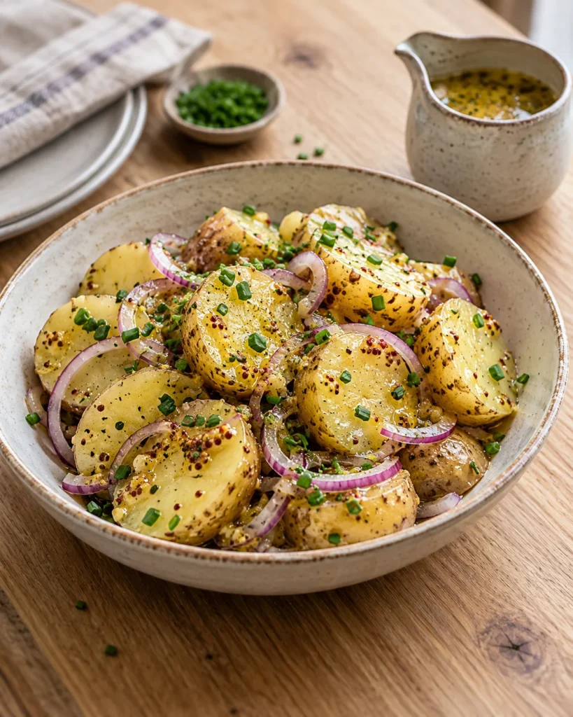 Salade tiède de pommes de terre Agata Salade tiède de pommes de terre Agata vapeur en rondelles, vinaigrette, ciboulette et oignon rouge