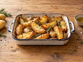 Pommes de terre Agata rôties au four en quartiers dorés avec ail et romarin