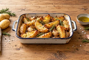 Pommes de terre Agata rôties au four en quartiers dorés avec ail et romarin