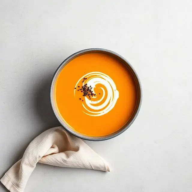 Bol de soupe de courge orange vu de dessus
