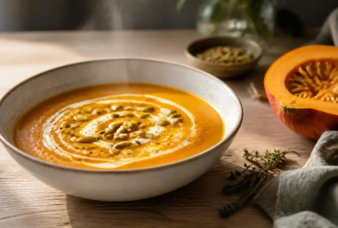 Soupe potimarron Thermomix dans un bol en grès, graines de courge torréfiée
