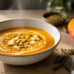 Soupe potimarron Thermomix dans un bol en grès, graines de courge torréfiée
