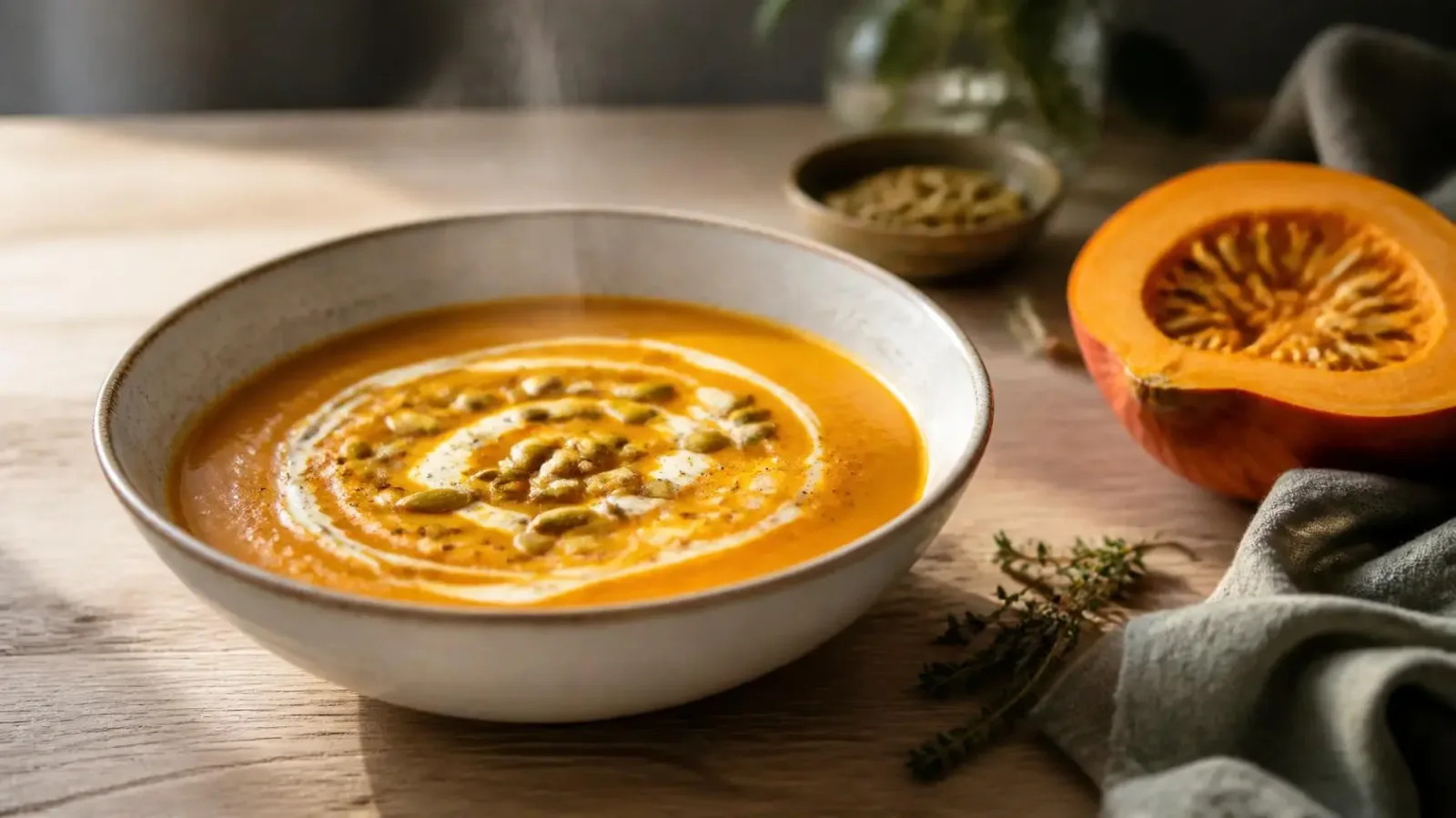 Soupe potimarron Thermomix dans un bol en grès, graines de courge torréfiée