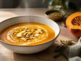 Soupe potimarron Thermomix dans un bol en grès, graines de courge torréfiée