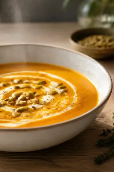 Soupe potimarron Thermomix dans un bol en grès, graines de courge torréfiée