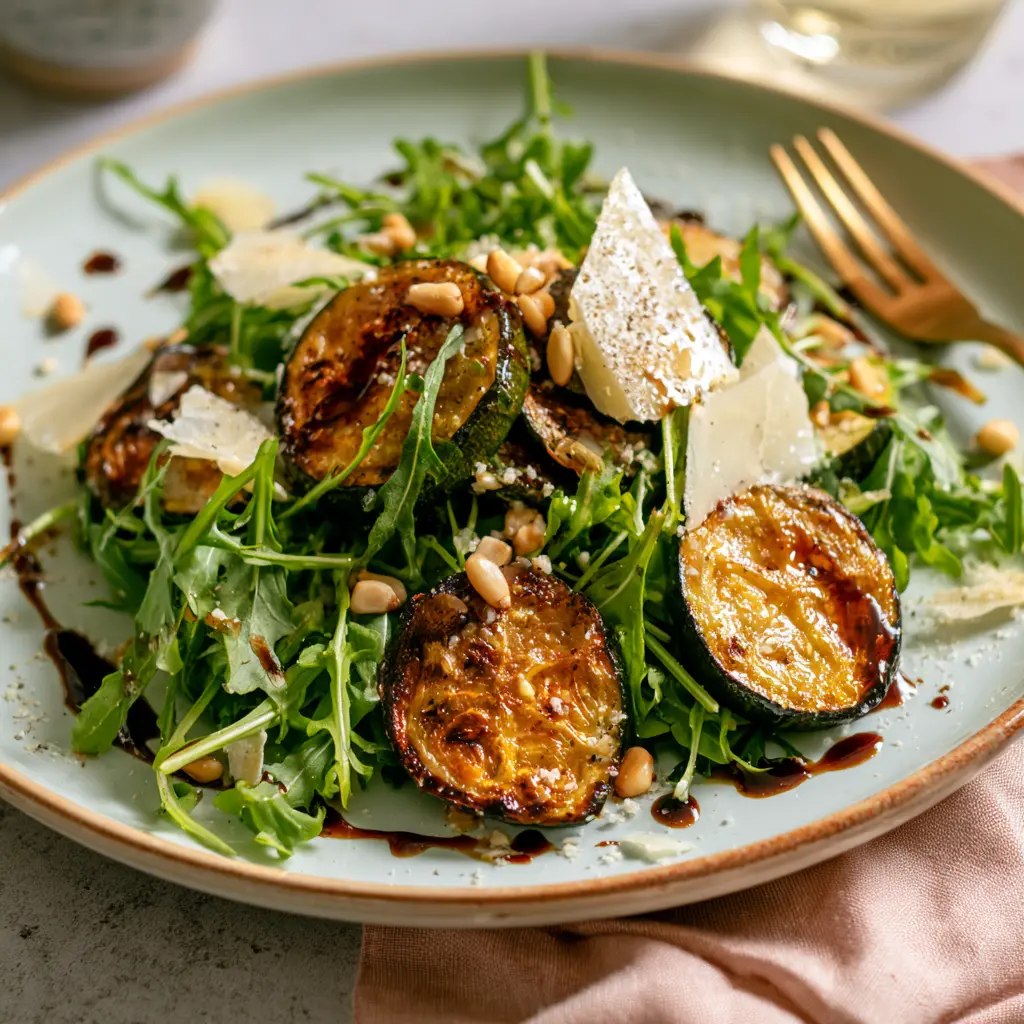 Salade tiède de courgettes rôties et roquette