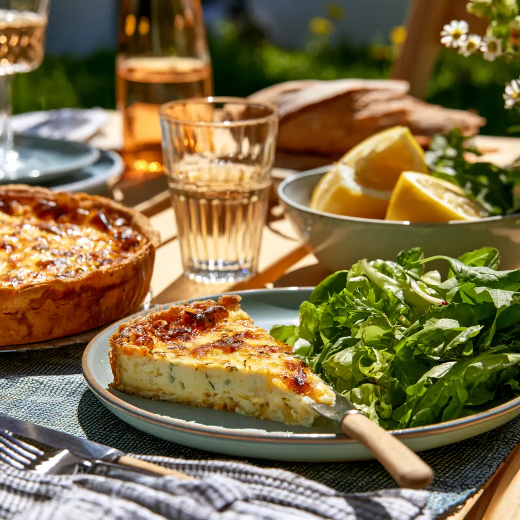 Part de tarte à la courgette avec salade verte