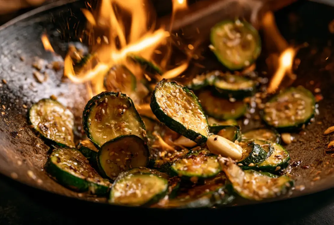 Courgettes sautées à l'ail au wok, croquantes
