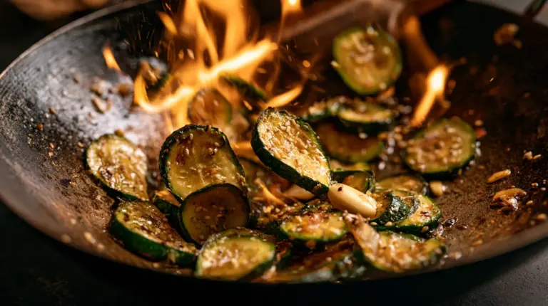 Courgettes sautées à l'ail au wok, croquantes