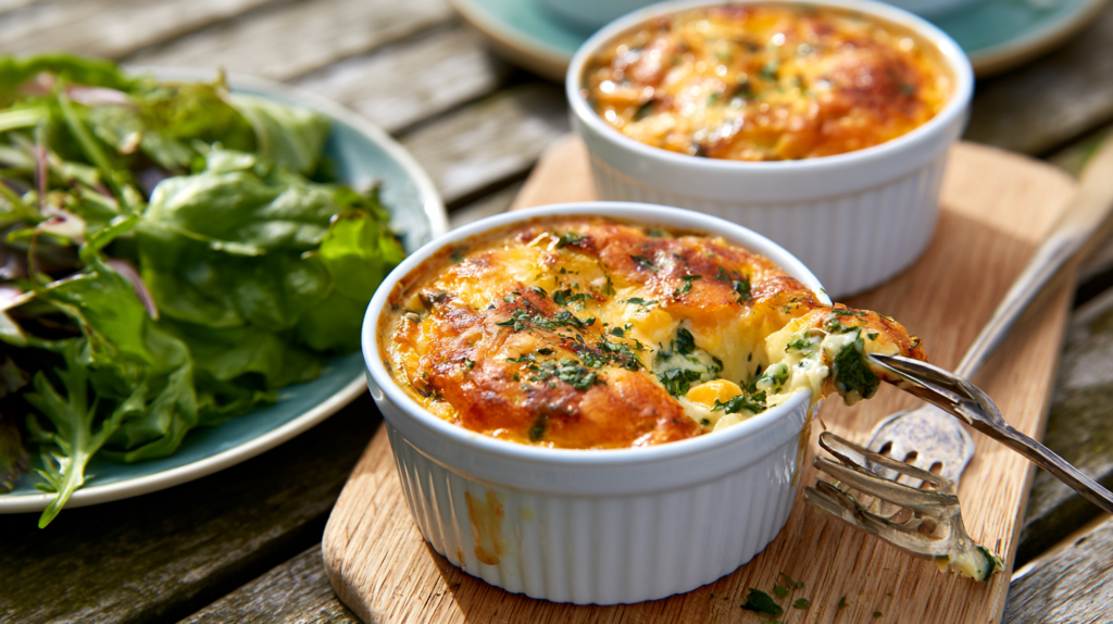 Flans de courgettes en ramequins servis avec salade