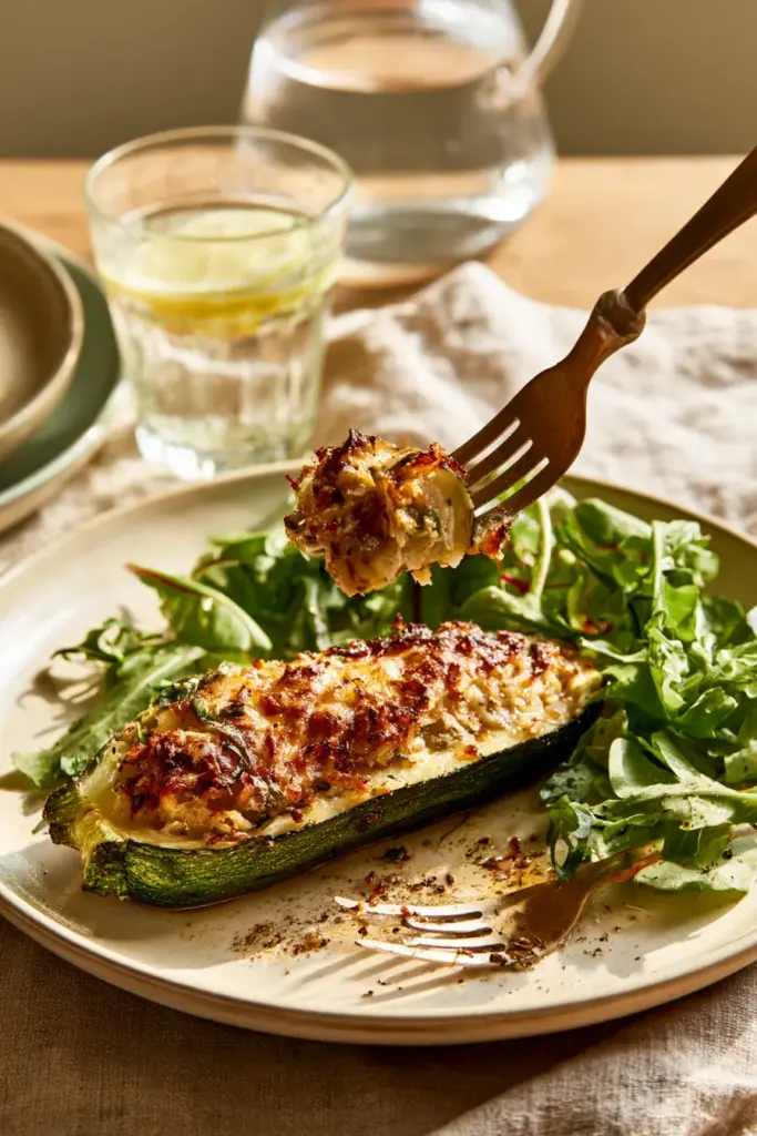 Assiette de courgette farcie légère et salade verte